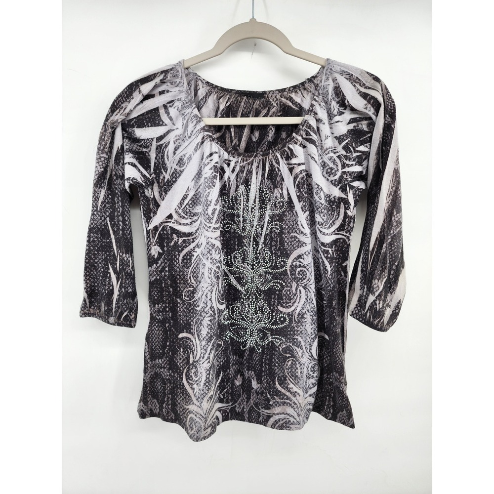 Gray Black Snakeskin Print Embellished 3/4 Sleeve Top small  Y2K Grunge McBling